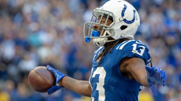 Indianapolis Colts wide receiver T.Y. Hilton celebrates a touchdown reception in an August scrimmage at Lucas Oil Stadium.